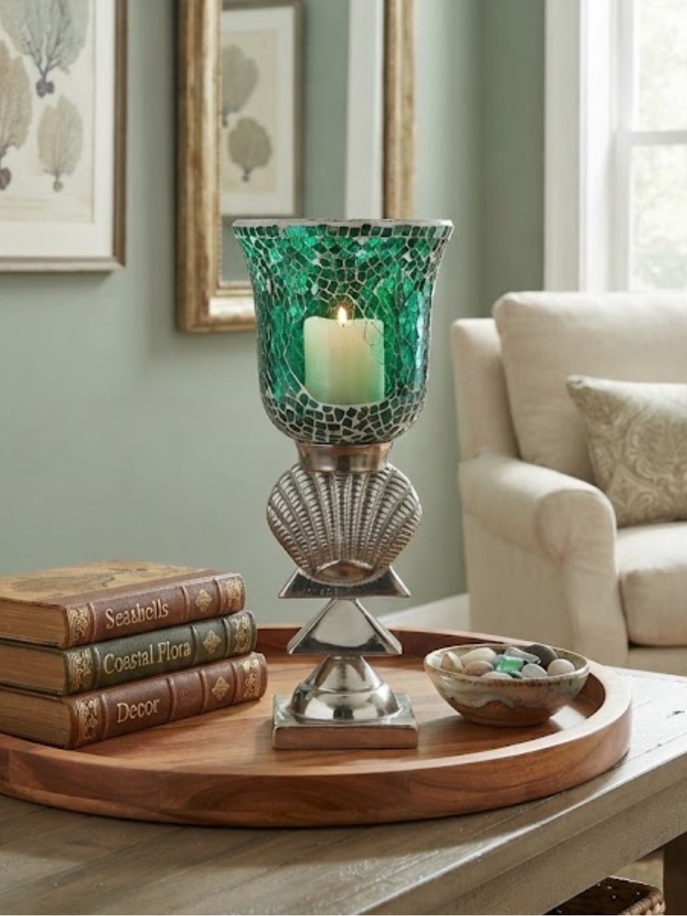 GREEN Mosaic Glass Hurricane Candle Holder on Pedestal Base Made in India